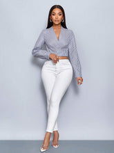 Slayr Women Striped V-Neck Long Sleeve Cropped Shirt,